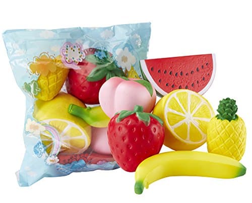 JUMBO SQUISHIES Super Slow Rising Soft Squishy 6PC Pack Scented Fruit Pineapple Strawberry Peach Banana Watermelon Lemon Fun Kawaii Toys for Kids Girls Boys and Party Favors