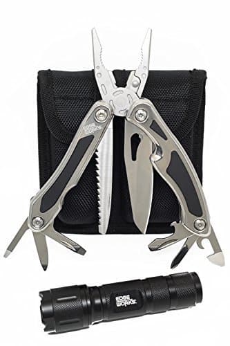 EdgeWorks 13-in-1 Heavy Duty Multitool and Black Aluminum Flashlight Kit in a 2 Chamber Nylon Hip Pouch