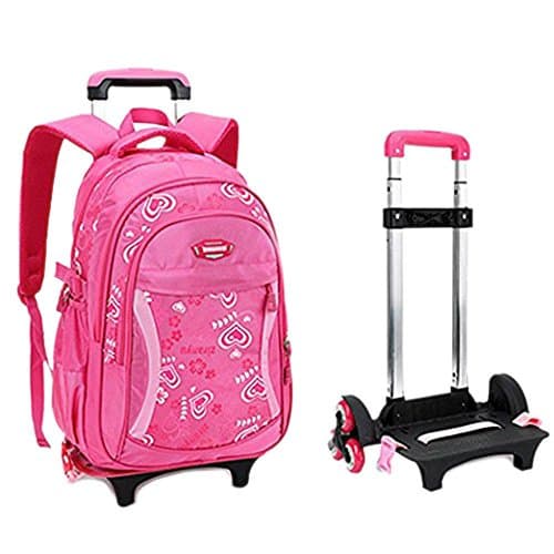 Fellibay Rolling Backpack Kids Backpack 3 Wheels Kids Trolley Schoolbag Girls Backpack(Rosy)