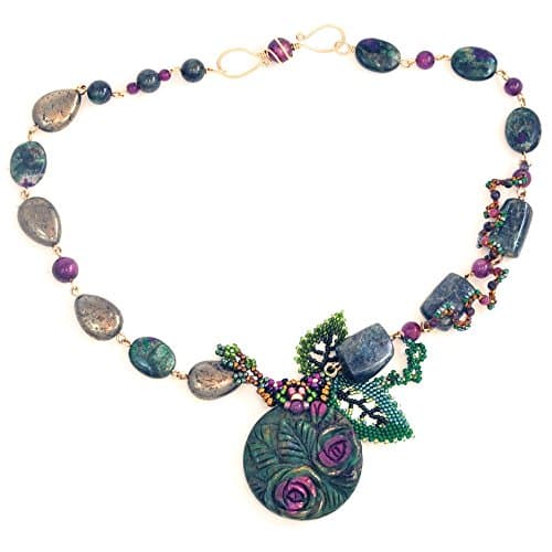 Ruby Fuchsite Carved Rose Necklace with Ruby, Teal Kyanite, Pyrite, 14K Gold Filled; One of a Kind