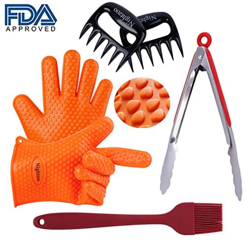 Nightzoo BBQ Grill Tools Set 2 Silicone BBQ Gloves & 2 BBQ Meat Shredder Claws Sets & Grill Silicone Brush and Stainless Steel Cooking Tongs,Super Value of 6 Barbecue Accessories (6pcs)