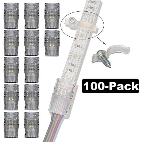 GRIVER 4 Pin LED Connector for Waterproof 5050 LED Strip Light- Strip to Wire Quick Connection (Kit: 12Pcs 4-Pin Strip to Wire Connectors + 100Pcs Mounting Brackets)