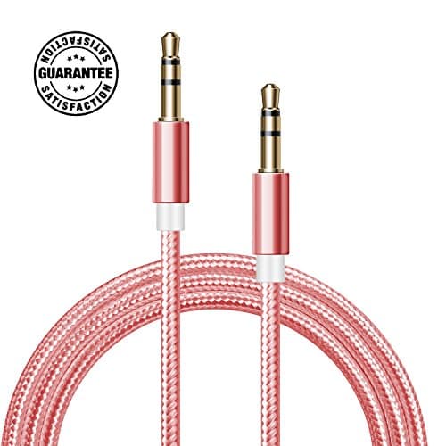 AUX Cable (Rose Gold) – 3FT 1M Nylon Braided 3.5mm Gold Plated Connector Hi-Fi Sound Quality for Car, Home, Stereos, iPod, iPhone, Samsung, Speaker, Headphones, and More Pink Pistis