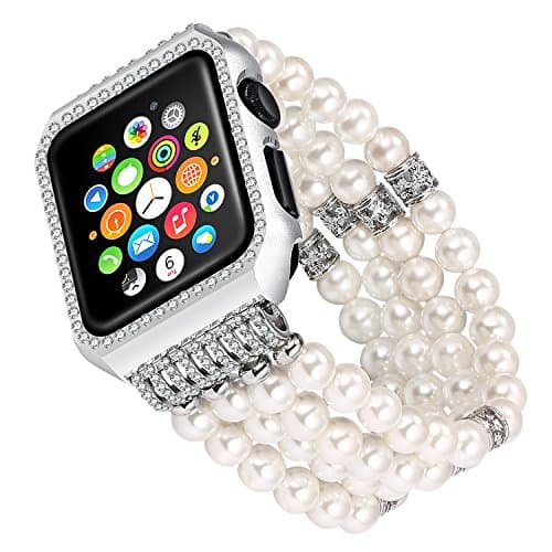 Apple Watch Band Replacement, Solomo Luxury Bling Diamonds Metal Case with Handmade Elastic Stretch Bracelet iWatch Strap Gilrs Women Rhinestone Wristband for Apple Watch Series 3/2/1 (38MM White)