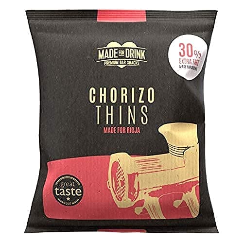 Made For Drink Chorizo Thins - Premium Pub Snacks & Made for Red Wine Lovers (6 x 30g Packs)