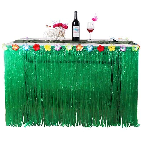 Decorative Grass Table Skirt 9' by THINK Hawaii | Green String with Tiki Hibiscus Faux Flowers | Fits all Tropical Themed Parties | Also use as a Hula Skirt