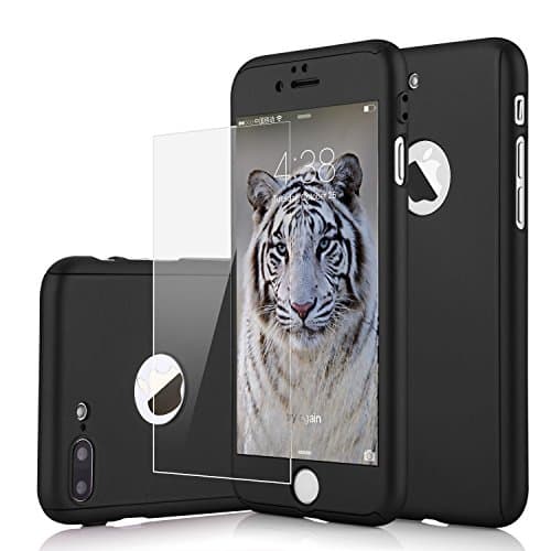 iPhone 7 Plus Case,360 Full Body Coverage Protection Dual Layer Matte Finish Hard Slim Thin Grip Case with Tempered Glass Screen Protector For iPhone 7 Plus(BLACK)