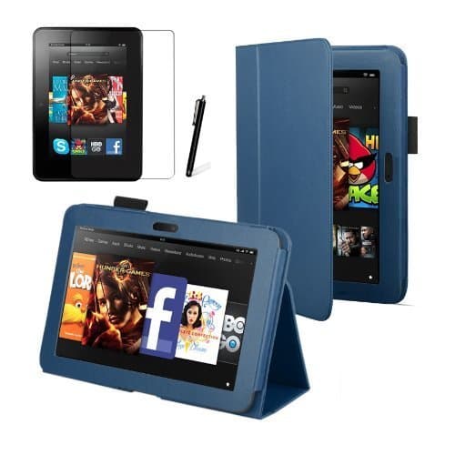 MOFRED® Blue Kindle Fire HDX 7"(Launched 2013) Smart Case-Retail Packed Trifold Leather Smart Case with Built-in Magnet for Sleep / Wake feature for the Kindle Fire HDX 7" Tablet - + Screen Protector + Stylus Pen (Available in Mutiple Colors)