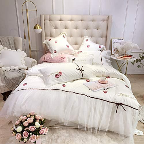 OKMIJN 4 Pcs Comforter Bedding Sets Bed Tencel Pure Satin Silk Bedding Polyester Duvet Cover Bed Sheet Pillowcases Cover Set White/Pink
