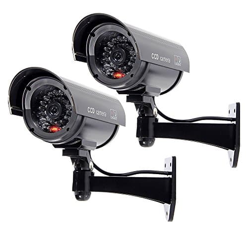 Puronic Dummy Security Camera, 2 Pack Fake Cameras CCTV Surveillance System with Realistic Simulated LEDs for Outdoor/Indoor Home Security + Warning Sticker, Black