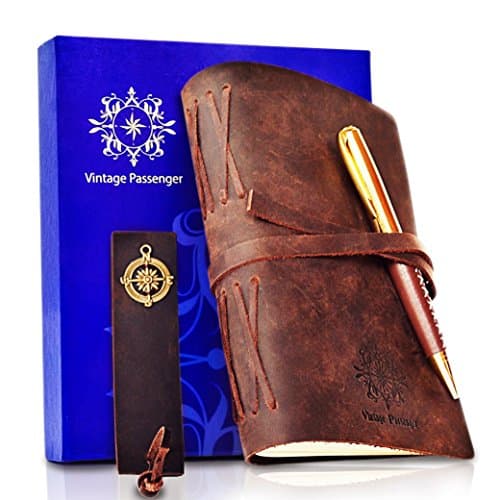LEATHER JOURNAL - GIFT SET Handmade Notebook With Leather Bookmark, Elegant Pen and Box - VINTAGE Travel Diary For Writing, Taking Notes, Sketching, Drawing, Planning, Men, Women, 5 x 7"