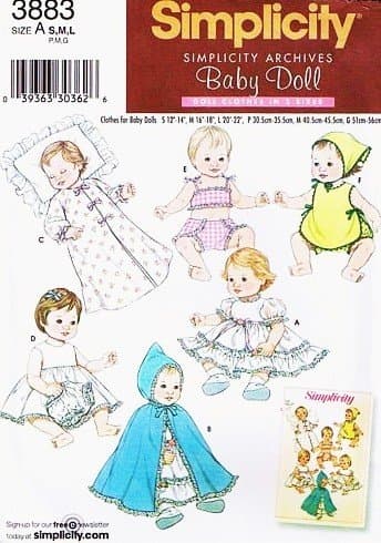 Simplicity 3883 Baby Doll Clothes Archive Sewing Pattern in Three Sizes (Small 12" - 14" Medium 16" - 18" Large 20" - 22")