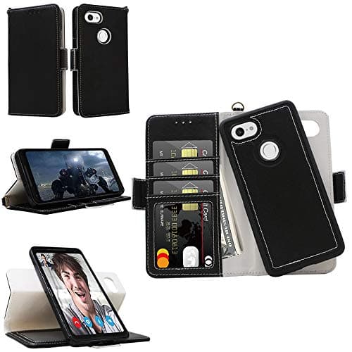 Samgg Pixel 2 XL Case, Detachable Wallet Case with Wrist Strap and Tempered Glass, 2-Way Stand, Card Slot, Magnetic Closure - Durable Leather Folio Flip Case for Google Pixel 2 XL (Black)