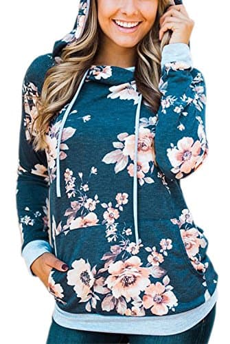 EIFFTER Womem Floral Print Pullover Hoodie Casual Long Sleeve Drawstring Hooded Sweatshirt With Pocket (Large, Blue)