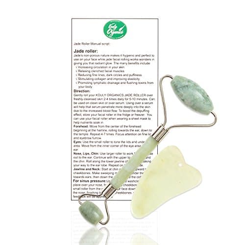 Royal Jade Roller and Gua Sha Stone SET for Face. Powerful Natural Anti-Aging, Removes Wrinkles & Fine Lines. Treats Muscle Pain, Breaks Down Scar Tissue, Reduces Inflammation. BY Kouly Organics