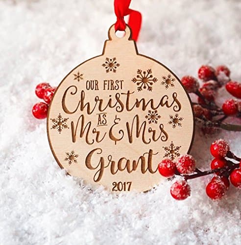 Mr & Mrs Ornament 2017 | First Christmas as Mr & Mrs | 1st Married Christmas | 3 Inch width | finished with a Satin Ribbon