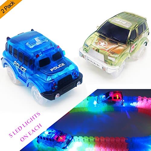Car Tracks,(2-Pack)Light Up Green Military Jeep and Blue Police Car,5 LED Lights,Compatible with Most Tracks,Perfect Gift for Boys & Girls