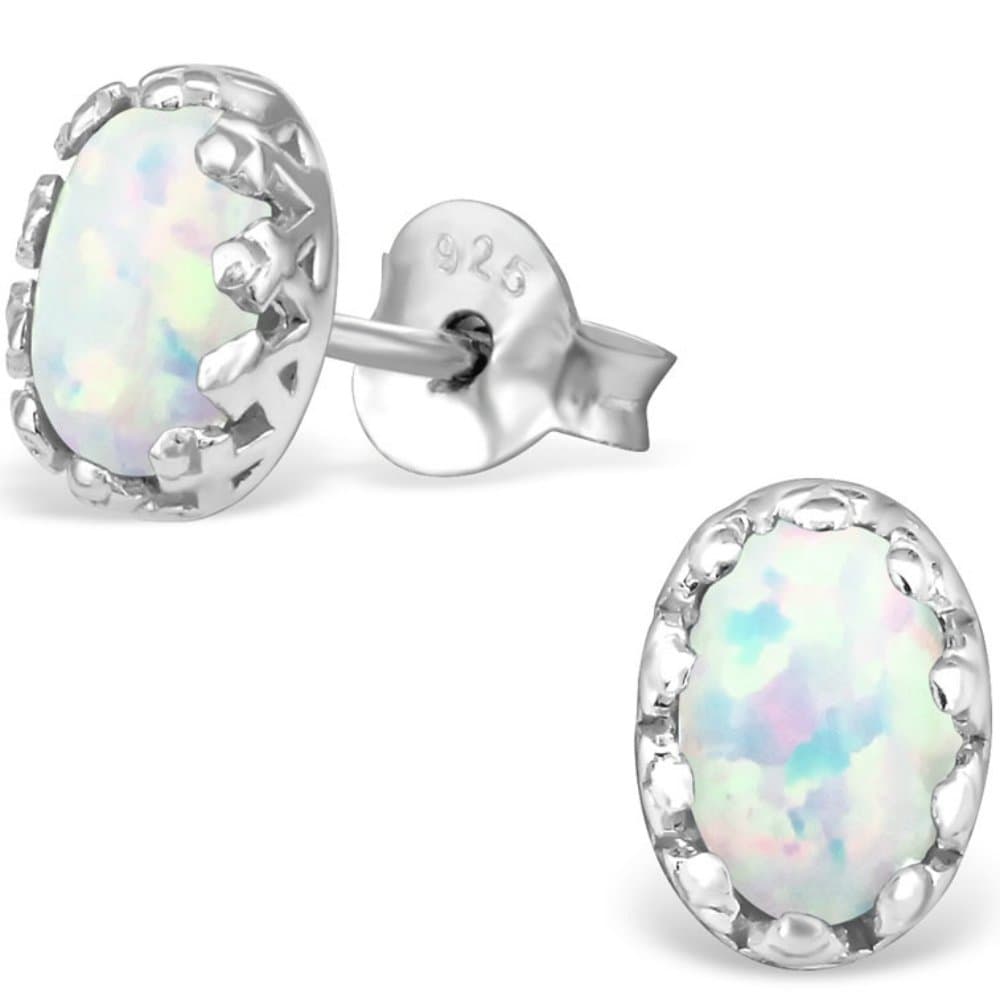 The GoldmineSmall Oval Shaped 925 Sterling Silver and White Multi-Colour Opal Stud Earrings