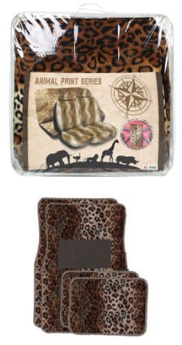 Universal Fit Automotive Gift Set Two Lowback Front Seat Covers, One Rear Bench Seat Cover, One Steering Wheel Cover, Two Shoulder Pads, and Four Floor Mats - Leopard Tan