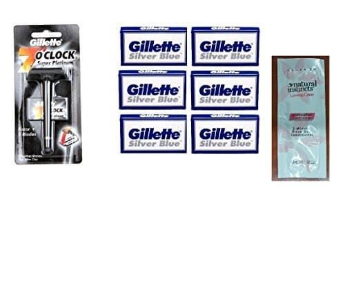 7 O'Clock Super Platinum Safety Razor w/ 5 Blades + Silver Blues Double Edge Blades, 5 ct. (Pack of 6) with FREE Loving Color trial size conditioner