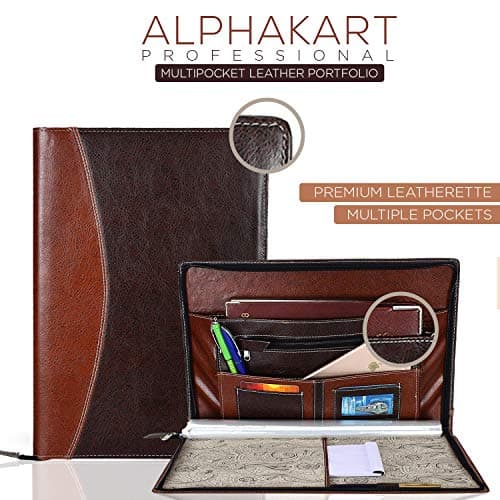 Alpha Kart Multi-pocket Professional Leather Portfolio Document Holder with Leaf for Certificates , File , Folders (20 Leafs, Size-FS, Black and Brown Mix)