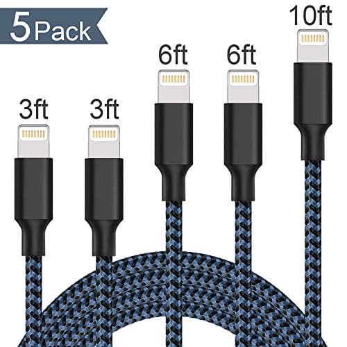 Lightning Cable,Iseason Charger Cables 5Pack 3FTx2 6FTx2 10FT to USB Syncing Data and Nylon Braided Cord Charger for iPhone X/8/8 Plus/7/7 Plus/6/6 Plus/6s/6s Plus/5/5s/5c/SE and more (Black&Blue)