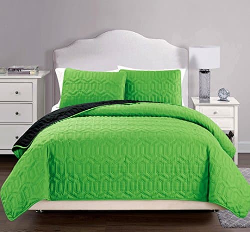 Coverlet Set-SALE-3-Piece Bedspread-Super Soft-HIGHEST QUALITY Brushed Microfiber reversible Quilt-Great Gift Idea (King / Cal King - Lime Green, Black)