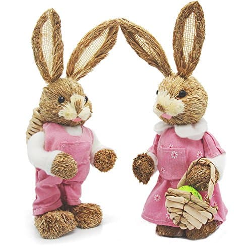 Soobuy Easter Bunny Decorations, 13" Natural Sisal Rabbits with Easter Basket, Egg and Carrot for Easter Egg Hunt, Easter Celebration Gift, 2 Pack (Pink)