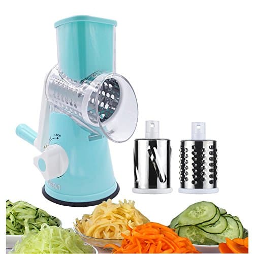 EVESUN Multi-functional Mandoline Slicer Manual Hand Speedy Rotary Drum Grater Vegetables Fruit Cutter with 3 Round Stainless Steel Blades