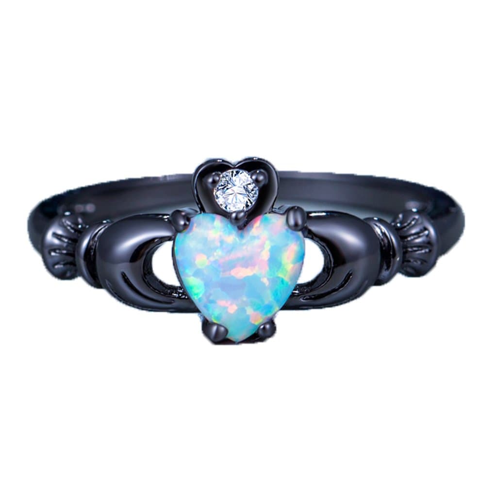 Women‘ Opal Rings White Heart Shape Created Opal Black Gold Plated Ring for Wedding Engagement Size 6-9 (8)