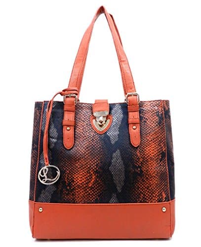 New Luxcessories Python Embossed Shoulder Tote Bag w/ Cosmetic Bag- Orange