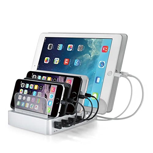 Charging Station, Tispun 6 USB Ports Detachable Charging Dock with Innovative Removable Baffles, Cell Phone Charger Organizer, Multi USB Port Desktop for Smart Phone Tablet (A - Silver)