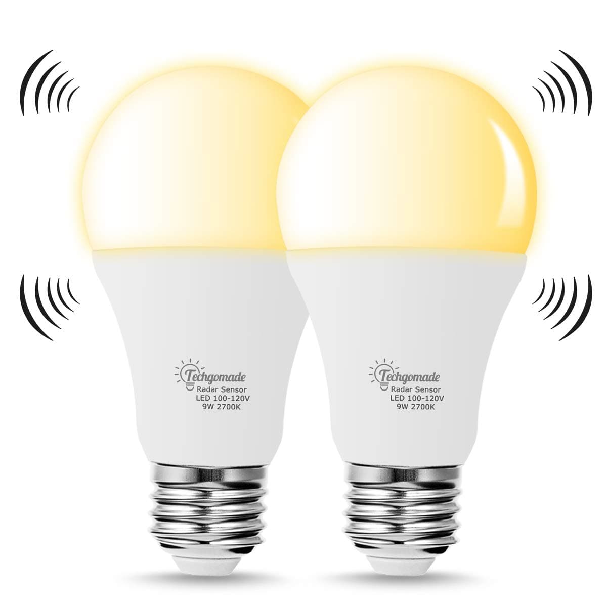 TechgoMade LED Radar Motion Sensor Dusk to Dawn Light Bulbs, 60W LED Equivalent(9W), A19 LEDs Indoor Outdoor Bulbs Soft White 2700K, Porch Garden Lighting, Security Bulb Lights for Home Bulb, 2 Pack