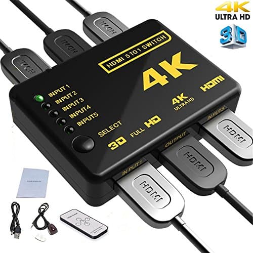 HDMI Switch Splitter 5 In 1 Out Ultra HD 4K x 2K Intelligent 5 Port HDMI Switcher with Remote Control IR Receiver and USB Power Cable Supports 3D 4K Full HD 1080p