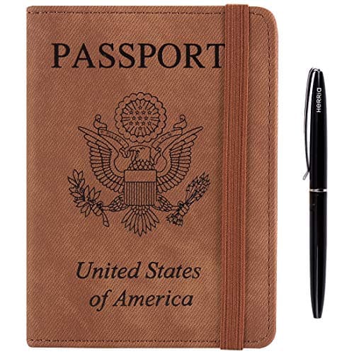 HERRIAT Leather Passport Holder Cover Case RFID Blocking Travel Wallets Card Case for Women Men(Denim Brown)