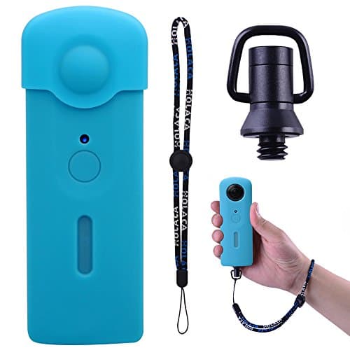 Elecor Protection Kit for Ricoh Theta S/SC 360 Camera, Silicone Case with Lens Cap, Wrist Strap and 360° Rotatable 1/4 Screw (Blue)