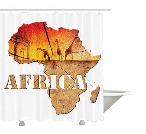 Yeuss African Decorations Collection, Africa Map with Wood Tree Texture and Giraffe Figures Fantasy Spiritual Continent, Polyester Fabric Bathroom Shower Curtain Set with Hooks, Orange Tan 60"x72"