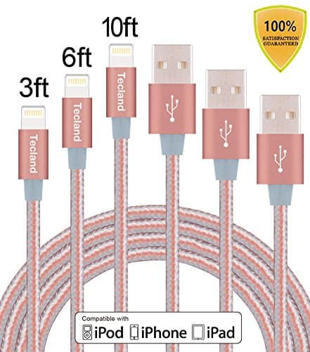 Tecland 3FT, 6FT, 10FT iPhone Nylon Braided Lightning Cables to USB Sync Charger with Aluminum Connector for iPhone7/7Plus/ 6/ 6s/ Plus /5s /5Plus/ 5, iPad.( Rose Golden )
