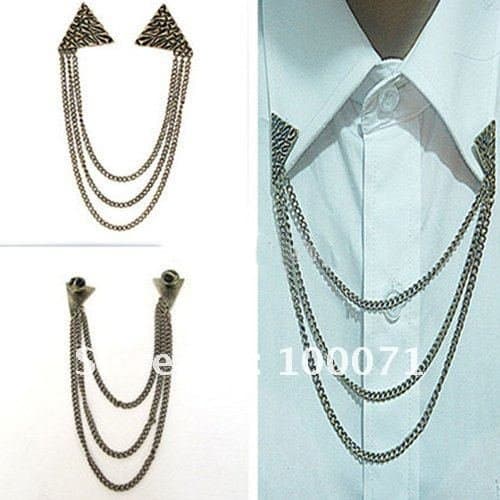Triangle Chain Punk Rock Spike Studded Shirt Collar Neck Tip Clip Gothic Pin Brooch #23447