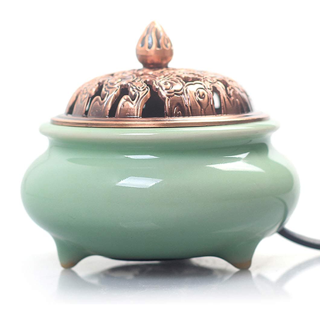 Ceramic Home Decration Incense Sticks or Burner Porcelain Incense Holder,Censer Aroma Diffuser with Adjustable Timer,Copper Cover Holders,Daily Aromatherapy Necessities for Office