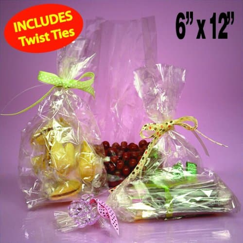 100 Clear Cello/cellophane Bags - Flat 6" X 12" - Wedding Favors Party Gift Basket Supplies with Twist Ties