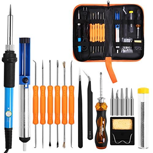 Soldering Iron Kit Electronics, Koeosn 19 in 1 Adjustable Temperature Soldering Iron,5pcs Tips,2pcs Tweezers,Tin Wire Tube,Stand and 6pcs Aid Tools in PU Carry Bag