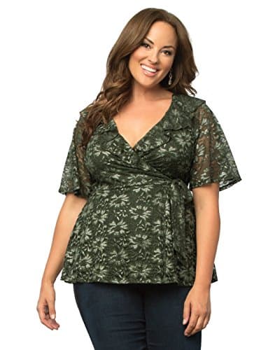 Kiyonna Women's Plus Size Lustrous Lace Wrap Top 2X Olive Glitz