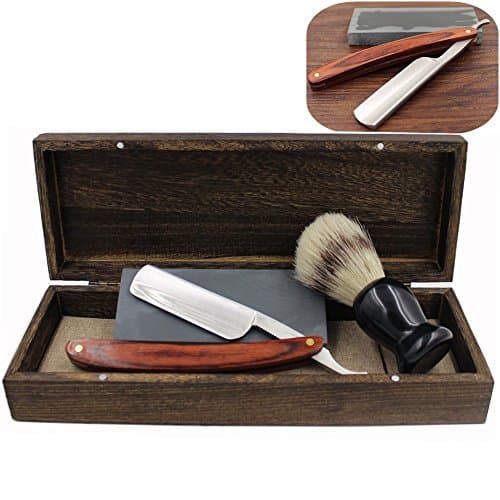Vintage Cut Throat Straight Razor Solid Brown Wood Handle Bristle Shaving Brush Natural Whetstone and Wooden Box Set with Gift Bag