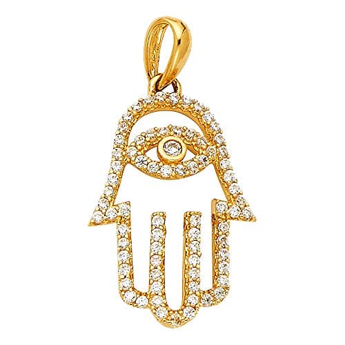 Solid 14k Yellow Gold Hamza Hand Pendant Evil Eye Charm Nazar CZ Turkish Greek Good Luck Fancy 13 x 20 mm