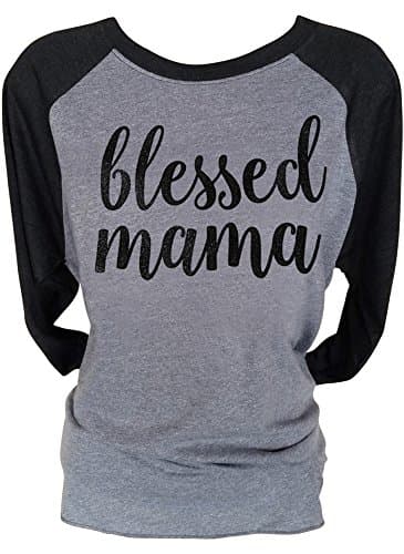 Loaded Lids Women's Mom, Blessed Mama, Sparkle Finish 3/4 Sleeve Baseball Style T-Shirt (SoftBlack/Grey/Black, Medium)