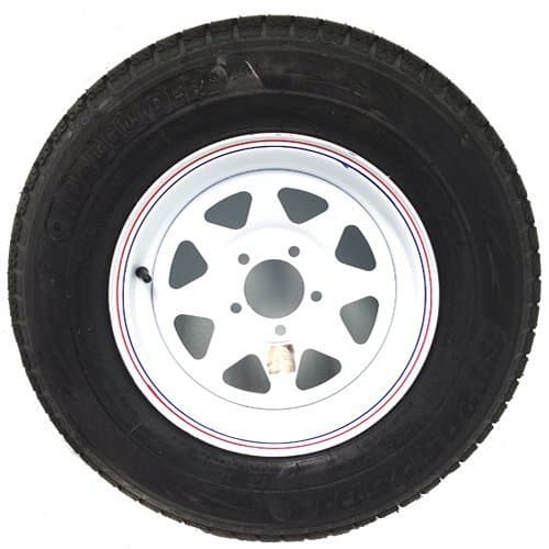 14" White Spoke with Red and Blue Pin Stripe Trailer Wheel with Radial RoadGuider ST20575R14C Tire Mounted (5-4.5" Bolt Circle)