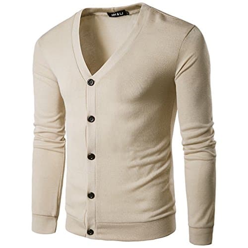 HHLJ Mens Casual Slim Fit Basic Designed Long Sleeve V-Neck Front Button Knitted Cardigan Coat Sweater (2XL, Beige)