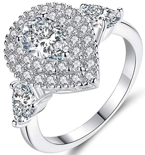 TEMEGO Large Pear Shaped CZ Double Halo Ring,14k White Gold Teardrop Pear Engagement Ring,Size 6 7 8 9