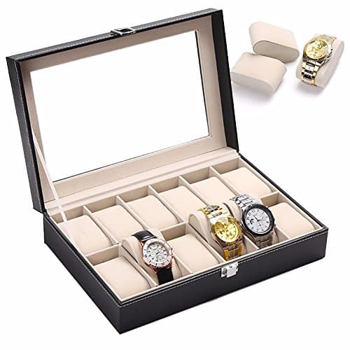 Soaptree Glass Top Watch Box Case Display Organizer PU Leather Storage Tray for Men & Women (12 slots)